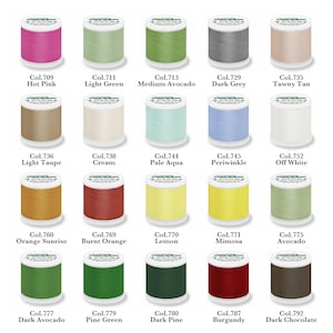 May include: A color chart of 20 spools of thread, each with a different color. The colors include hot pink, light green, medium avocado, dark grey, tawny tan, light taupe, cream, pale aqua, periwinkle, off white, orange sunrise, burnt orange, lemon, mimosa, avocado, dark avocado, pine green, dark pine, burgundy, and dark chocolate.