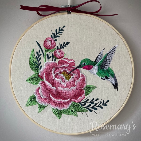Embroidery Hoop Hummingbird and Peonies Round Hoop Optional Fabric Colour Choice