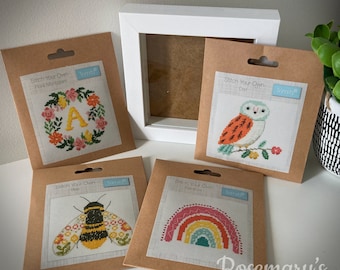 Stitch Your Own DIY Bee, Floral Monogram, Rainbow, or Owl Cross Stitch Kit by Trimits with Optional 5" White Box Frame