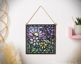 Embroidered Spring Flowers Sunrise Stained-Glass Effect 4x4 or 8x8 Hanging Black Metal Glass Frame