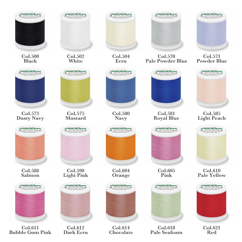 May include: A color chart of 18 spools of thread, each with a different color and a label with the color name and code. The colors include black, white, ecru, pale powder blue, powder blue, dusty navy, mustard, navy, royal blue, light peach, salmon, light pink, orange, pink, pale yellow, bubble gum pink, dark ecru, chocolate, pale seafoam, and red.