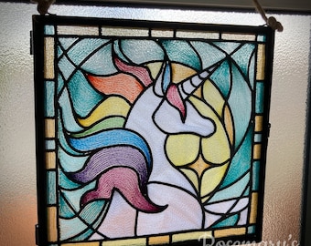 Embroidered Unicorn Rainbow Stained-Glass Effect 4x4 or 8x8 Hanging Black Metal Glass Frame