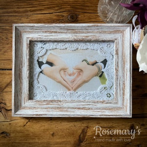 Timeless Battenberg Lace set in 5x7&quot; or 6x8&quot; White Light Wood Distressed Frame with a choice of lace colours