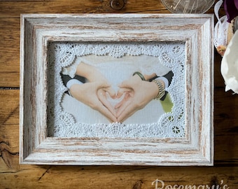 Timeless Battenberg Lace set in 5x7&quot; or 6x8&quot; White Light Wood Distressed Frame with a choice of lace colours