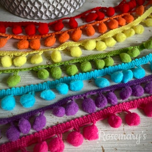 Budget Pom Pom trim 10mm 26 colours to choose from, choose your own colour. Multibuy / Bulk Buy Discount!