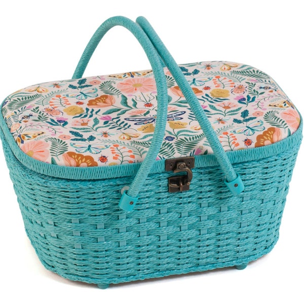 Butterfly Bee Ladybird Flower Flutterby Blue Large Wicker Basket Sewing Box by HobbyGift