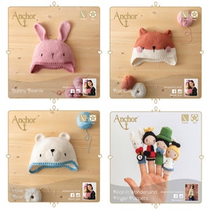 May include: Four crochet patterns featuring a bunny, fox, polar bear, and Alice in Wonderland finger puppets. The patterns are designed by Airal and Ameskaria and are available on Etsy.