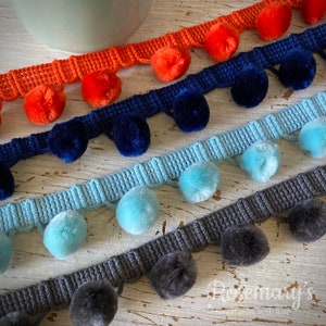 Quality Velvety Pompom Fringe trim. Various Colours, 23 Colours to Choose from. 15mm pompom size. Multibuy / Bulk Buy Discount!