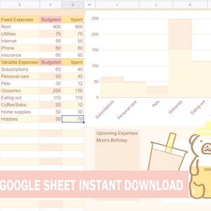May include: A Google Sheet budget template with a pink and yellow color scheme. The sheet includes sections for income, fixed expenses, variable expenses, and upcoming expenses. A bar chart shows the amount spent on each category. The sheet also includes a pie chart showing the amount spent and remaining. The text "GOOGLE SHEET INSTANT DOWNLOAD" is at the bottom of the sheet.
