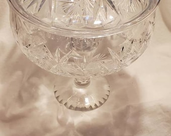 Large Vintage Hand Cut Crystal Comport with Lid, 11" Tall, 6 1/2" in Diameter.  Fine crystal.