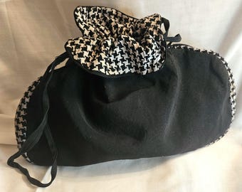 Vintage Drawstring Handbag, probably Mid Century, 14 1/2" wide by 8 1/2" tall, lying flat.  One small pocket, fabric Drawstring. Ships free.
