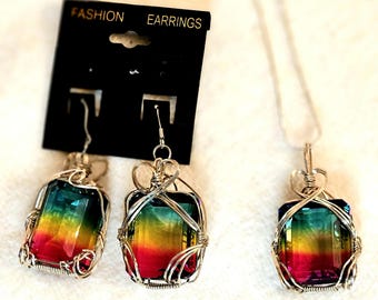 BANDED TOURMALINE Necklace and earrings set, wrapped in Sterling Wire  with a 19" Sterling Snake Chain, Lobster Claw clasp. FREE shipping.