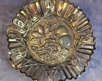 CARNIVAL GLASS BOWL  by Federal Glass. Vintage, Fruit design. Crimped edge, Perfect Condition, 10" rim, 7" base, 2 1/2" high. Ships Free.