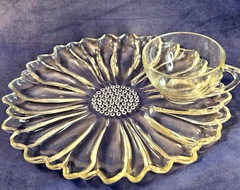 PERFECT Pair of Vintage  "DAHLIA" Snack Sets, with Cups, Garden Club by COLONY, Clear Crystal, 10 1/4" plate. Shipped Free