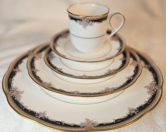 PALAIS ROYAL, Noritake Bone China 5 Pc Place Setting: Dinner Plate, Salad Plate, Bread /Dessert Plate, Cup, Saucer. Floral and Gold Rim