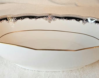 PALAIS ROYAL, 9" Oval Bowl, Noritake Fine Bone China. White with Floral, Pink, Blue, Black and Gold Rims. Perfect Condition. Ships Free.