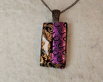 LEAVES And MAGENTA DICHROIC fused glass pendant on copper chain.  One of a kind. Copper bail. Free Shipping.