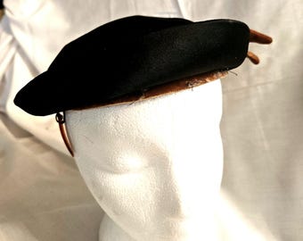 Vintage Norman Durand Woman's Bowler hat, Mid-Century, Black Satin, Brown Velour headband, combs. Good Condition. Ships USPS ground free .