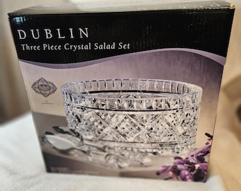 DUBLIN SHANNON Cut CRYSTAL 3 piece salad bowl and servers by Godinger, new in the box.  Free Shipping.