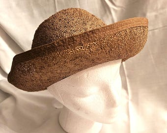 Vintage  Woman's Tan Nubby Weave Straw Sun Hat with multicolor fabric head band. 22", Excellent Condition. Ships USPS Ground free.