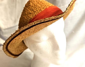 Vintage  Woman's Tan Nubby Weave Straw Sun Hat with dual brick red fabric and beige ribbon head bands. 21", Excellent Condition. Ships free.