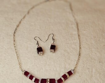 Set SWAROVSKI RUBY Cubes with Aurora  accents Necklace and Earrings.  Sterling chain and ear wires.