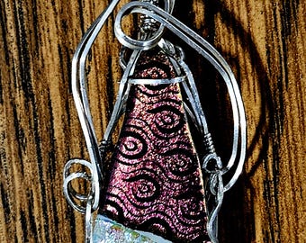 ICE AND MAGENTA Dichroic fused glass pendant, Sterling Wire Wrap, on Sterling Chain.  One of a kind.