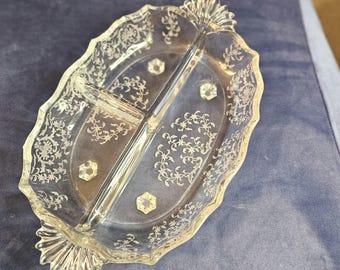 FOSTORIA CHINTZ 3 part relish. Baroque style dish, etched pattern, manufactured 1940-1973. Free Shipping included.