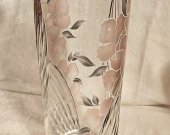 CLEAR CRYSTAL VASE Pink Flowers with White accents and Cut Swirls from base to rim. 12" tall, 4 1/2"  rim, 4 3/4"  base, Perfect Condition