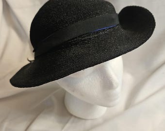 Vintage Mid-Centuty Woman's Black Tight Weave Straw Hat with dual black and navy silk ribbon bands. Excellent Condition. Ships free.