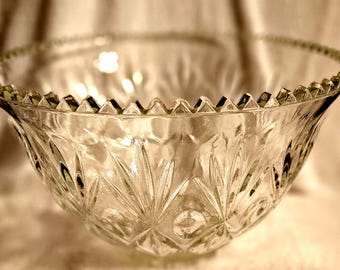 EAPG PUNCH BOWL, Antique, Unknown Manufactuer, Excellent Condition, Starburst /Thumbprint Sawtooth Patterns,Pebble Glass at base, Ships Free