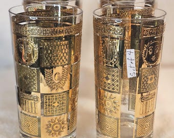 GEORGES BRIARD set of 4 Signed 10 oz. Tumblers /Highball Golden Celeste Pattern. 22CT Gold, MCM GGB17 Collection, Good Condition Ships Free.