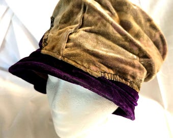 Vintage Louise W. Winter Tan and Purple Custom hat with silk lining. Good condition, but fragile lining. Visible wear on underside of brim.