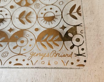 GEORGES BRIARD TRAY 5 7/8" Square  Signed.  Circular designs of leaves, suns, abstract designs. Pebble back  Perfect Condition. Ships Free.