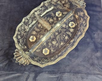 FOSTORIA NAVARRE 3 part relish. Baroque style dish, etched pattern manufactured  1936-1982. Free Shipping included.