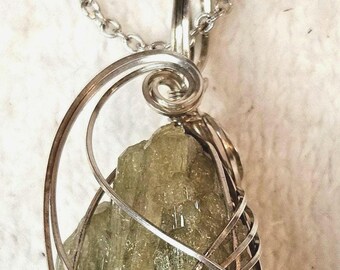 Colorful Natural Green Vanadianite or Moldavite from Canada, wrapped in Sterling Wire with a Silver plated 18" chain. Ships Free.