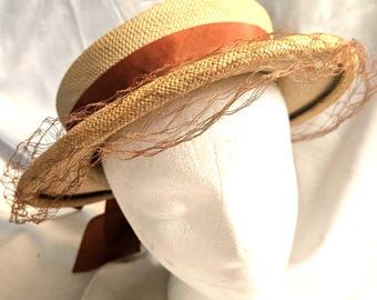 DRESSY Vintage 1920s-1930s "Genuine Panama" Brand Straw Hat, Ribbon Headband and Bow and Netting. 22"  Very Good Condition. Ships USPS Free.
