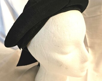 Vintage Mid-Centuty Woman's Black Faille Fabric and Black Ribbon Hat. Very Good Condition. Ships free USPS GROUND or Upgrade to Priority.