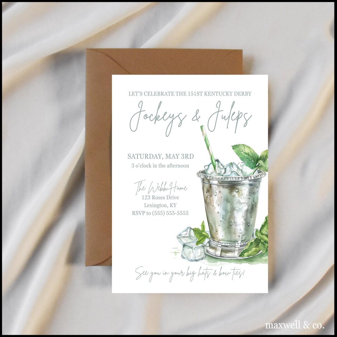 Kentucky Derby Party Watercolor Invitation Mint Julep