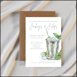 Puede incluir: Una tarjeta de invitación blanca con ilustraciones de acuarela verde de un julepe de menta, cubitos de hielo y una pajita verde. El texto de la tarjeta dice "Let's Celebrate the 151st Kentucky Derby Jockeys & Juleps Saturday, May 3rd 3 o'clock in the afternoon The Webbe Home 123 Roses Drive Lexington, KY RSVP to (555) 555-5555 See you in your big hats & bow ties!"