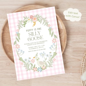 1st Birthday Invitation, One Silly Goose, Floral Garden Party, First Birthday Invite, Editable Template Instant Download, Goose Birthday