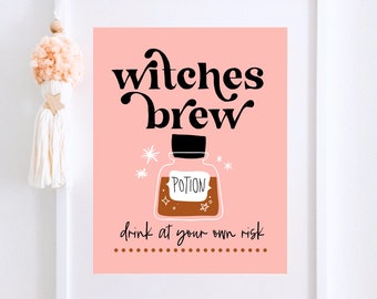 Witches Brew Printable, Pink Halloween Decor, Trick or Treat Sign, Kid Halloween Party, Cute Spooky Decor, Halloween Sign, Set of 2 Designs