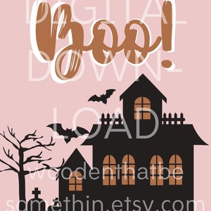 May include: A digital download for a Halloween themed printable with a pink background, a black silhouette of a haunted house, a tree, a tombstone, and bats. The text "Boo!" is written in brown with a white outline.