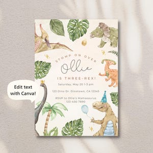 May include: A dinosaur-themed birthday party invitation with a watercolor illustration of dinosaurs and tropical leaves. The invitation reads "STOMP ON OVER Ollie IS THREE-REX!" with the date and time of the party, the address, and RSVP information.