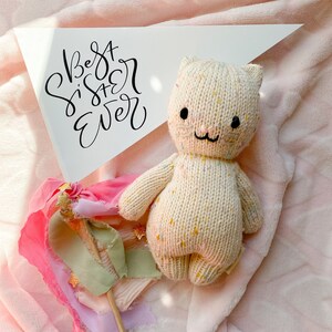May include: A white pennant with the text "Best Sister Ever" in black script. A knitted cream-coloured cat toy with pink and yellow accents is lying on a pink fluffy blanket.