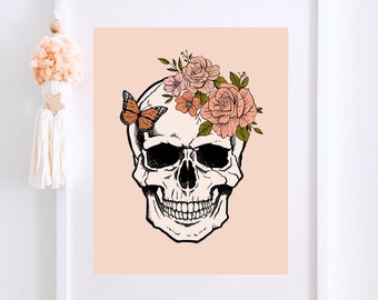 Floral Skull Printable, Pink Halloween Decor, Stay Spooky Sign, Boho Art Print, Kid Halloween Party, Cute Spooky Decor, Set of 2 Designs