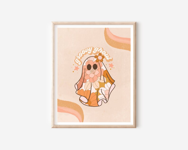 May include: A digital illustration of a ghost wearing a groovy floral pattern in shades of orange, pink, and white. The ghost has a flower on its head and the text "groovy ghoul" is written above it.