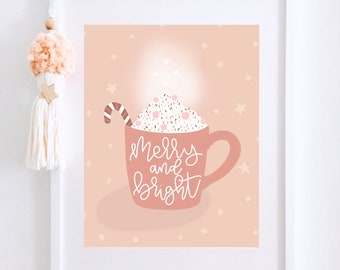 Merry and Bright, Christmas Printable Art, Whimsical Christmas, Pink Holiday Decor, Christmas Decor, Boho Christmas, Hot Cocoa Sign