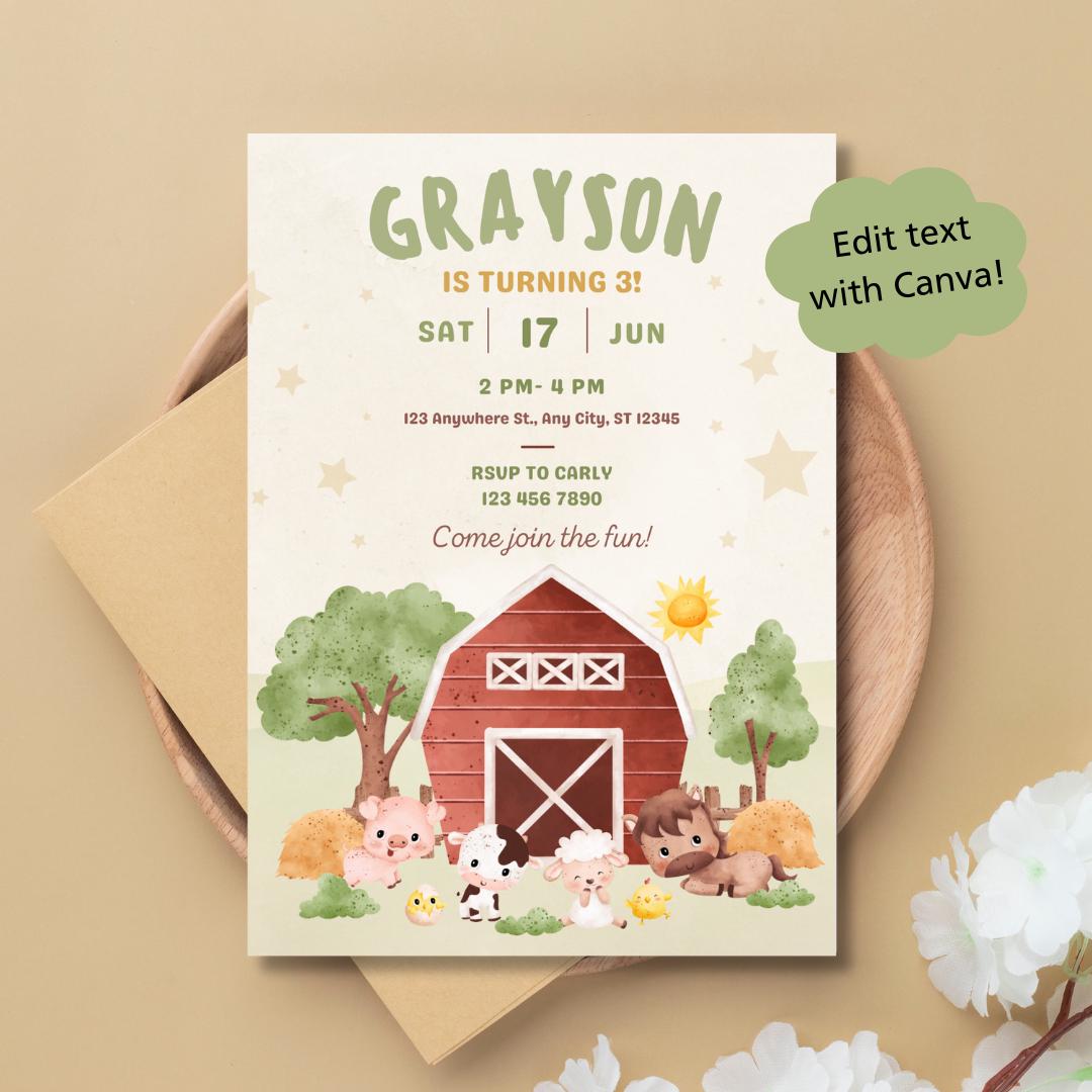 Farm Invitations Farm Animal Birthday Invitation, Barnyard Party Invite, Farm Theme ...