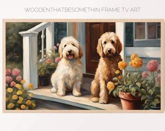Cute Spring Frame TV Art, Vintage Painting, Pastel Art, Spring Digital Art, Dogs on the Porch, Farmhouse TV Art
